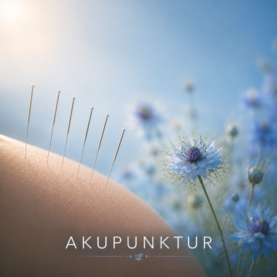 Akupunktur Akupunkturnadeln in sanften Blautönen vor einer ruhigen Naturkulisse als Symbol für eine entspannende Akupunkturbehandlung.