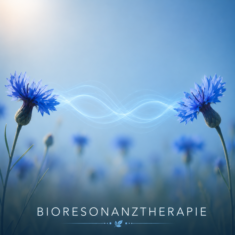 Bioresonanztherapie Sanfte Energiewellen zwischen blauen Kornblumen als Symbol für die Bioresonanztherapie.