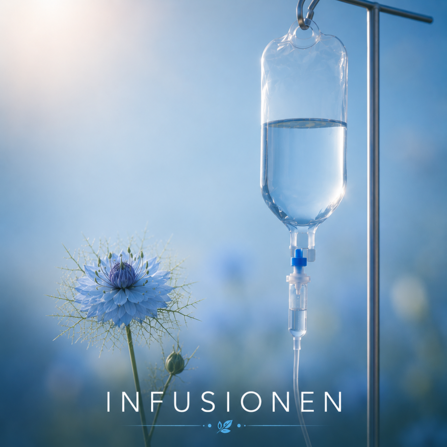 Infusion Naturheilpraxis Infusionsbeutel in einer hellen, beruhigenden Umgebung mit blauen Blüten als Symbol für Infusionstherapie.